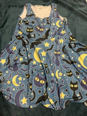 🐈‍⬛ ⭐️ Cowcow 🦇 🌙 Blue, Yellow colorful Cat, Bat, Star, & Moon Print Swing Dress